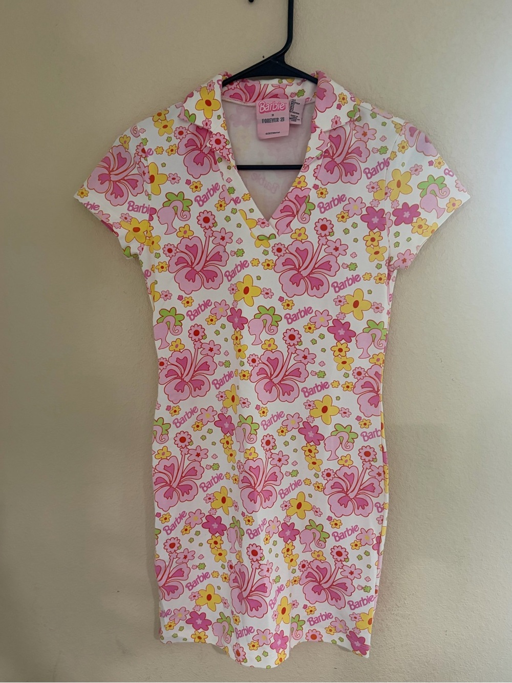 Barbie Pink Floral V-Neck Casual Dress with Yellow & Green Accents